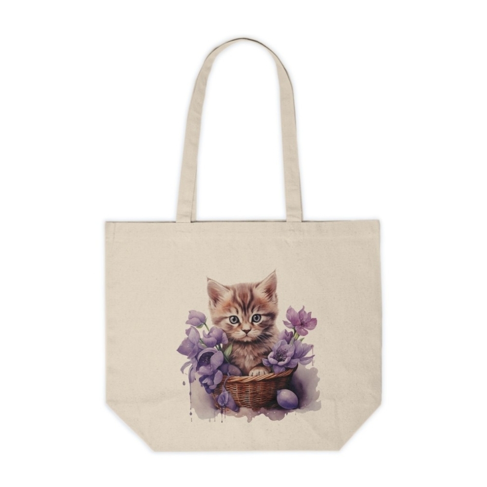 Floral Cat in a Basket Custom Canvas Tote Bag